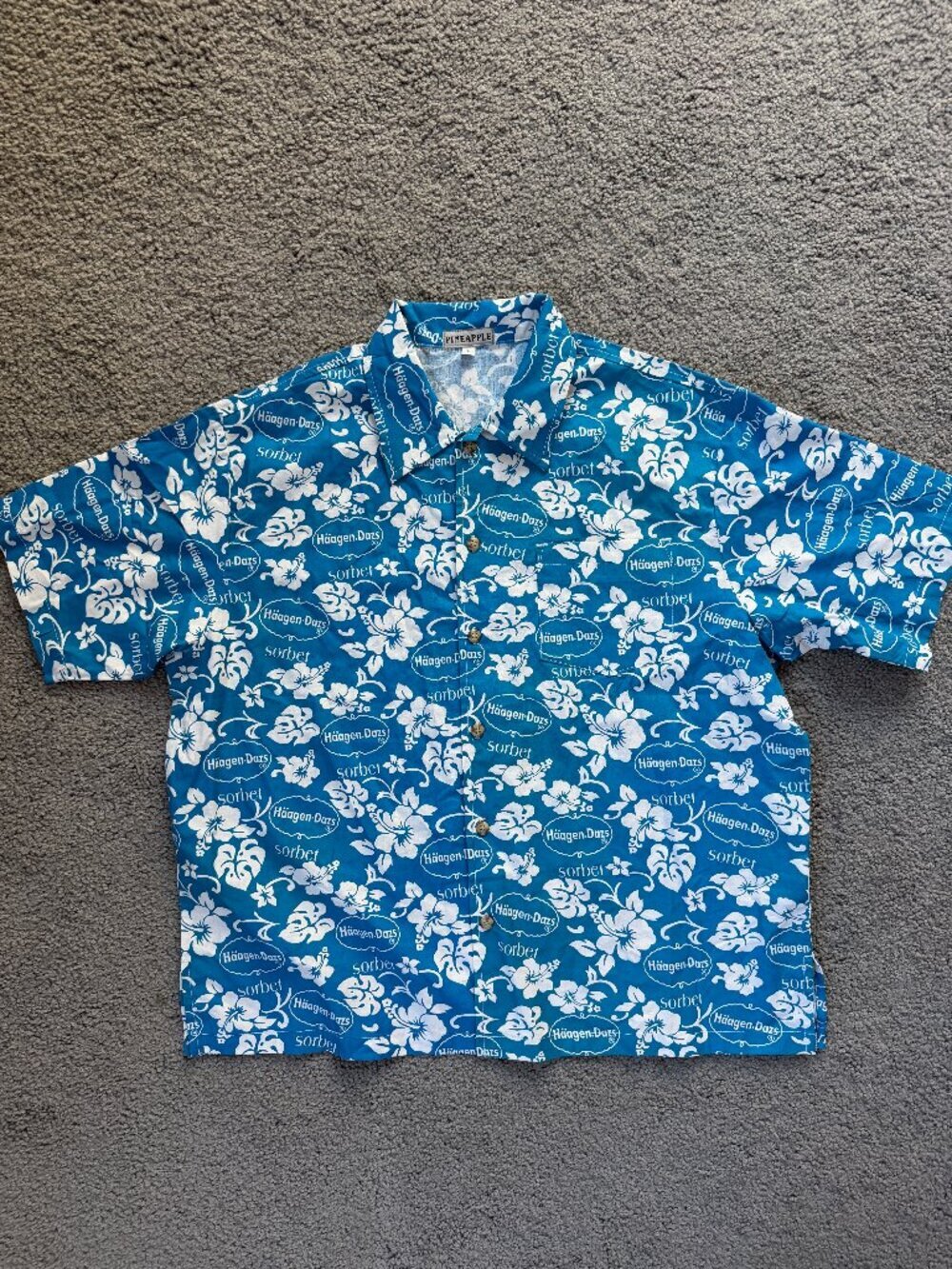VTG Häagen-Dazs Sorbet Hawaiian Aloha Shirt Blue Floral Mens L Pineapple Conn.